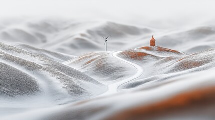 Wall Mural - Serene Winter Landscape with Wind Turbine and Tower on Snowy Hills