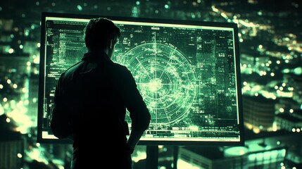Poster - silhouetted figure observing cityscape from a high vantage point at night via a large digital radar 