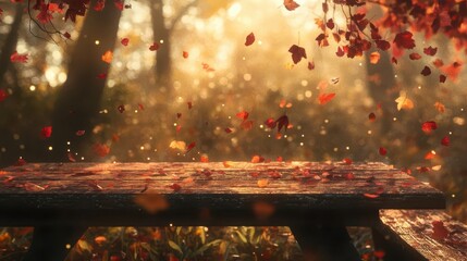 Wall Mural - a mystical autumn forest clearing with ancient wooden table, scattered crimson and gold leaves swirling in soft bokeh light, ethereal morning mist
