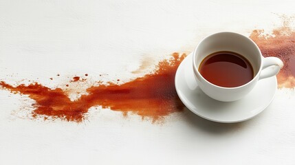 Poster - Spilled Coffee on White Surface A Close Up Photograph of a Brown Liquid Stain