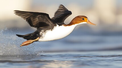 Wall Mural - Smew duck taking flight from water, splashing.