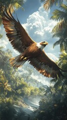 Canvas Print - Majestic Eagle Soaring Over Lush Tropical Jungle with Palms and Dramatic Sky, Highlighting Wildlife Beauty, Freedom, and Natural Serenity in Vibrant Ecosystem