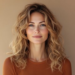 Wall Mural - authentic portrait of blonde woman is 40 years old with curly hair in white blouse on beige background, natural beauty