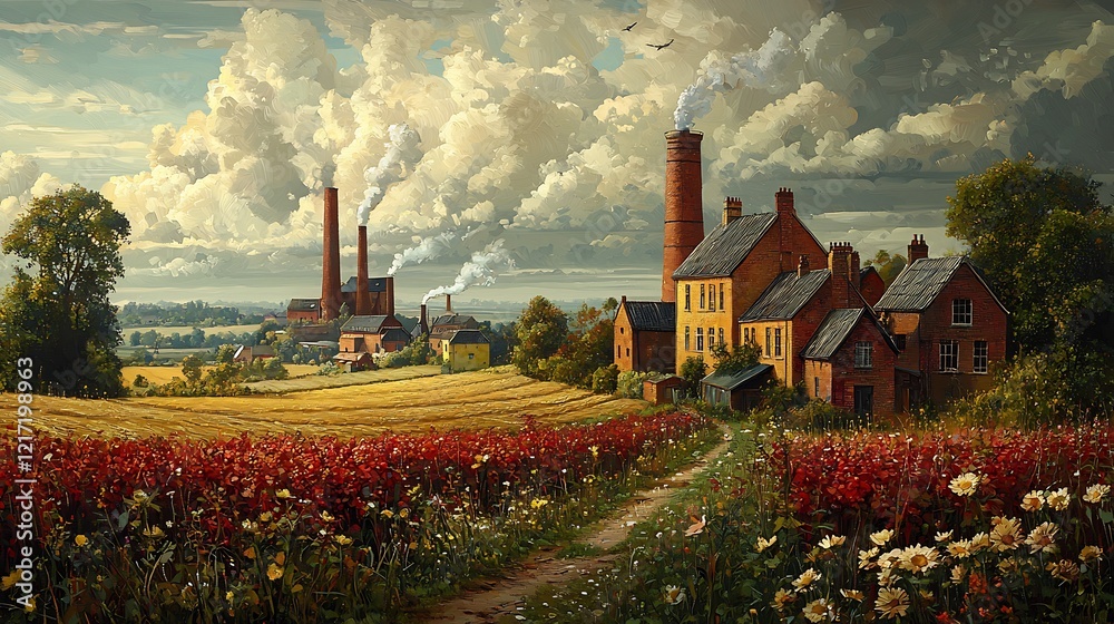 Agrarian society transitioning to an industrial one with fields on one ...