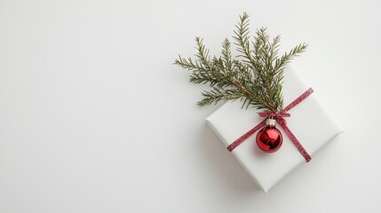 Canvas Print - White Christmas Gift Box with Red Ornament and Greenery