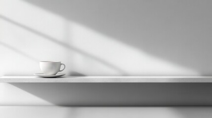 Canvas Print - White Coffee Cup on a Minimalist Shelf in Sunlight