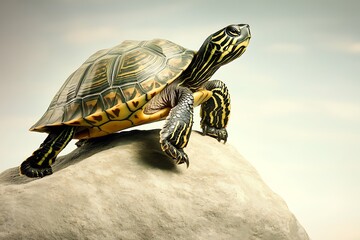 Wall Mural - Turtle perched atop rock, looking up at sky.