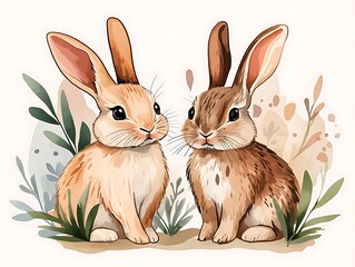 Two adorable bunnies sitting amongst foliage.