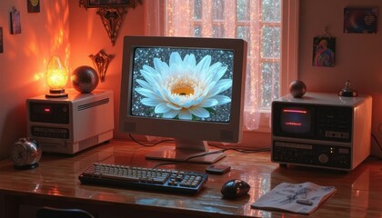 Poster - Retro computer scene with old CRT monitor, sunset view through the window, and vintage feeling. Generated AI