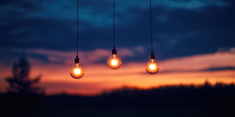 Poster - Three light bulbs on string at sunset