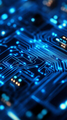 Poster - Electronic abstraction showcases intricate circuit design illuminated by vibrant blue lights in a modern technology environment. Generative AI