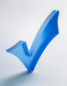 Blue check mark icon. Symbol of approval. 3D rendering, modern illustration. Light backdrop.