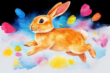 Poster - Watercolor painting of a cute orange bunny rabbit hopping amidst colorful splashes.