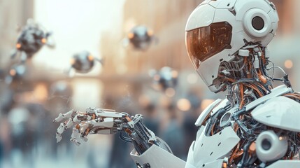 Poster - A futuristic robot interacts with floating spheres in a bustling urban environment, showcasing advanced technology and artificial intelligence.