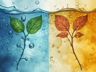 Poster - Duality of Nature: A Stunning Visualization of Green and Red Leaves Beneath Water, Capturing the Contrast Between Life and Change in an Artistic Style