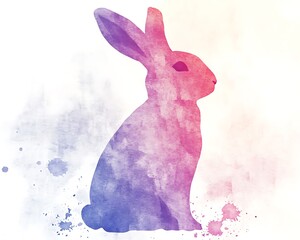 Poster - Watercolor painting of a sitting rabbit in pink, purple, and blue hues.