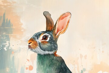 Sticker - Watercolor painting of a rabbit's head and shoulders against a muted background.