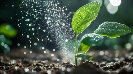 Aufkleber - Fresh Green Seedling with Dewy Leaves Surrounded by Splashes of Water, Symbolizing Growth and Renewal in Nature's Lush Environment