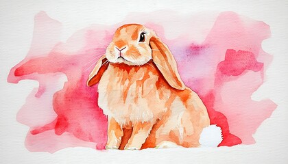 Poster - Watercolor painting of an orange lop-eared rabbit sitting on a pink background.