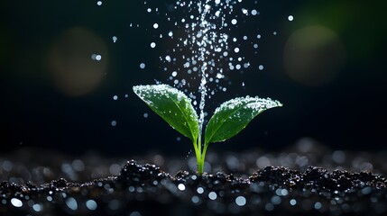 Aufkleber - Young Green Plant Sprouting from Dark Soil with Water Droplets Being Sprinkled, Symbolizing Growth, Renewal, and Nature's Vitality in a Beautiful Garden Setting