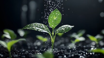 Aufkleber - Fresh Green Seedling Emerging from Dark Earth with Droplets of Water Shimmering in Soft Light, Symbolizing Growth, Nature, and New Beginnings