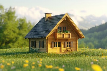 Wall Mural - Small wooden house in flower field