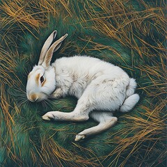 Wall Mural - White rabbit resting in tall grass.