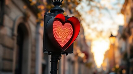 Poster - a red heart-shaped traffic light at dusk, with a blurred background of city buildings. The warm glow of the setting sun creates a serene and romantic atmosphere.