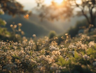 Poster -  a field of wildflowers illuminated by sunlight, with a blurred background of trees and hills.