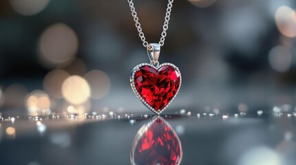 Poster - a heart-shaped necklace with a red gemstone pendant on a reflective surface, possibly a table or floor. It appears to be a jewelry item, possibly for a special occasion or as a gift.