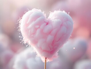 Poster - a pink cotton candy shaped like a heart, with a stick protruding from the bottom. The background is blurred, featuring a soft, pastel color palette that complements the cotton candy.