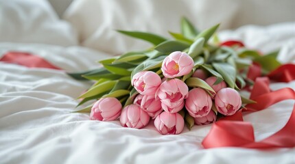 Aufkleber - a pink and white flower arrangement, likely a bouquet of tulips, placed on a surface with a red ribbon and a red and white striped cloth.