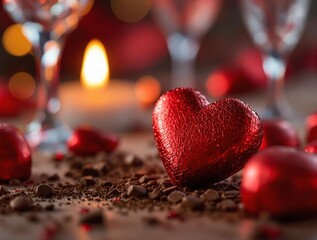 Poster - A red heart-shaped candy is surrounded by chocolate pieces on a wooden table, with two wine glasses and a lit candle in the background.
