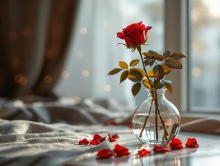 Aufkleber - a single red rose in a clear glass vase, placed on a surface with red rose petals scattered around. The background features a window with a blurred view of lights, creating a cozy and intimate atmosph
