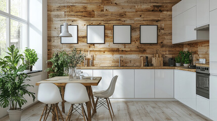 Wall Mural - Modern Kitchen with Wood Feature Wall: A bright and airy kitchen features a stunning reclaimed wood accent wall, complemented by sleek white cabinetry, stylish white chairs.