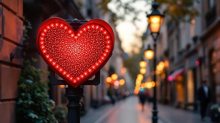 Poster - A vibrant red heart-shaped neon sign illuminates a charming city street at dusk, creating a romantic and inviting atmosphere perfect for a date night or a stroll through a picturesque neighborhood.