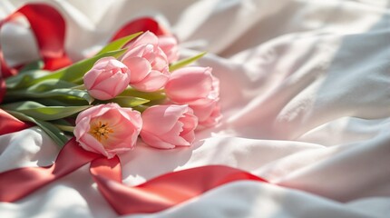 Aufkleber - bouquet of pink tulips rests on a soft, silky white fabric, accented with scattered red petals. The gentle lighting and elegant arrangement create a romantic and serene atmosphere, perfect for special
