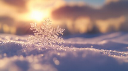 Wall Mural - Single snowflake on snowy ground at sunset.