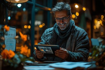 Poster - In the evening, a business man engages in research for a project on his tablet, accessing an online website and navigating the internet. His tasks include late-night planning, networking, and