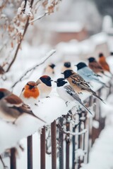 Wall Mural - birds on snowy fence