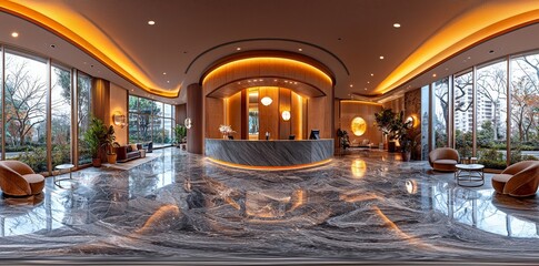 Poster - Spherical 360 panorama projection of a 3D illustrated reception interior
