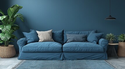 Poster - Loft and vintage interior of a living room with a blue sofa on white flooring and a blue wall, presented in 3D rendering
