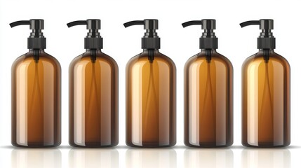 Poster - Detailed illustrations of amber glass bottles, typically used for lotions, oils, or medicine, are displayed on a white background, featuring pumps and caps