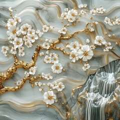 Canvas Print - A thick layer of sculpted stucco on a concrete wall highlighted with gold, combined with a Japanese motif of waterfalls, mountains, and cherry blossoms