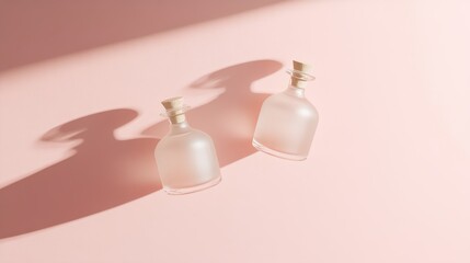 Poster - A balanced display of frosted glass face cream bottles set against a pastel pink background