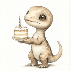 Wall Mural - A charming dinosaur enjoying a festive scene with cake, a gift, fireworks, and sun and star decorations in pastel watercolor hues. Ideal for a birthday event