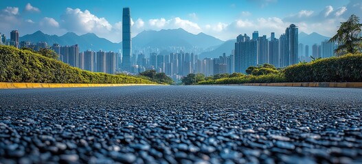 Poster - A wide-angle shot showcasing an empty asphalt road with modern commercial buildings in Shenzhen, China