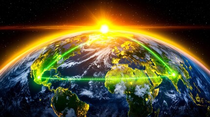 Aufkleber - Global network connection at sunrise over earth digital visualization outer space high-resolution inspirational concept