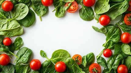  Circle of spindles arranged around fresh red tomatoes on a white background for a minimalist food presentation