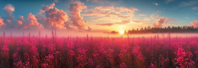 Sticker - Sunrise illuminating a picturesque meadow in a wide-angle view